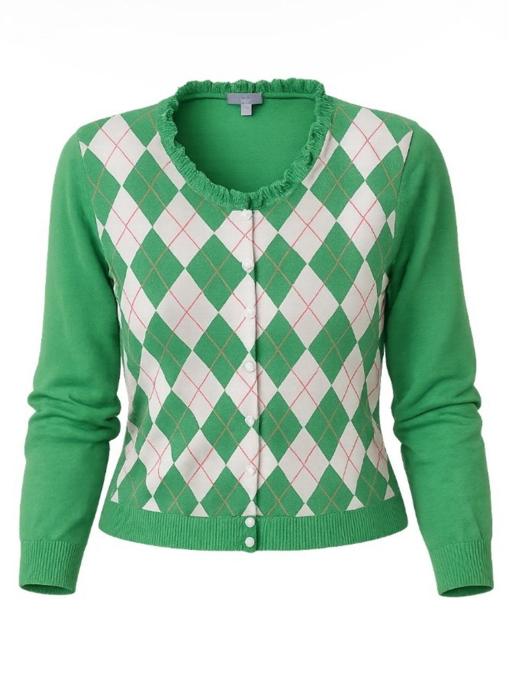 Jessica Green White Argyle Ruffled Collar Women's Romantic Cardigan Sweater Sz L